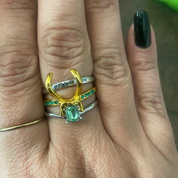 Loki rings 3 pc set new green silver gold rhinestone love Loki horns - Picture 12 of 14
